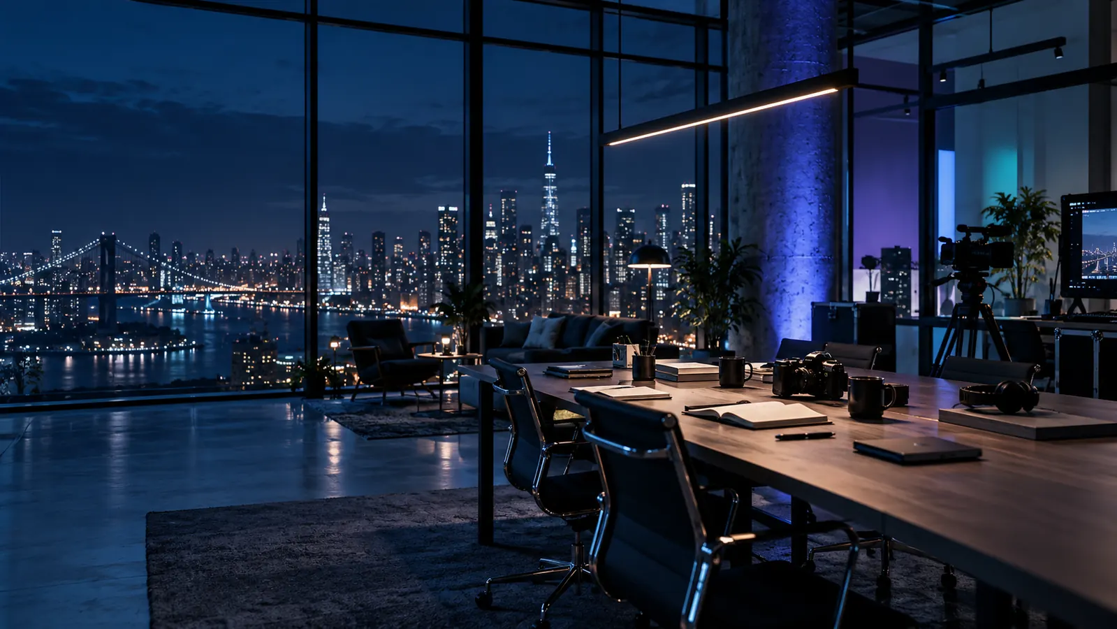 Premium editorial studio overlooking an international city at night
