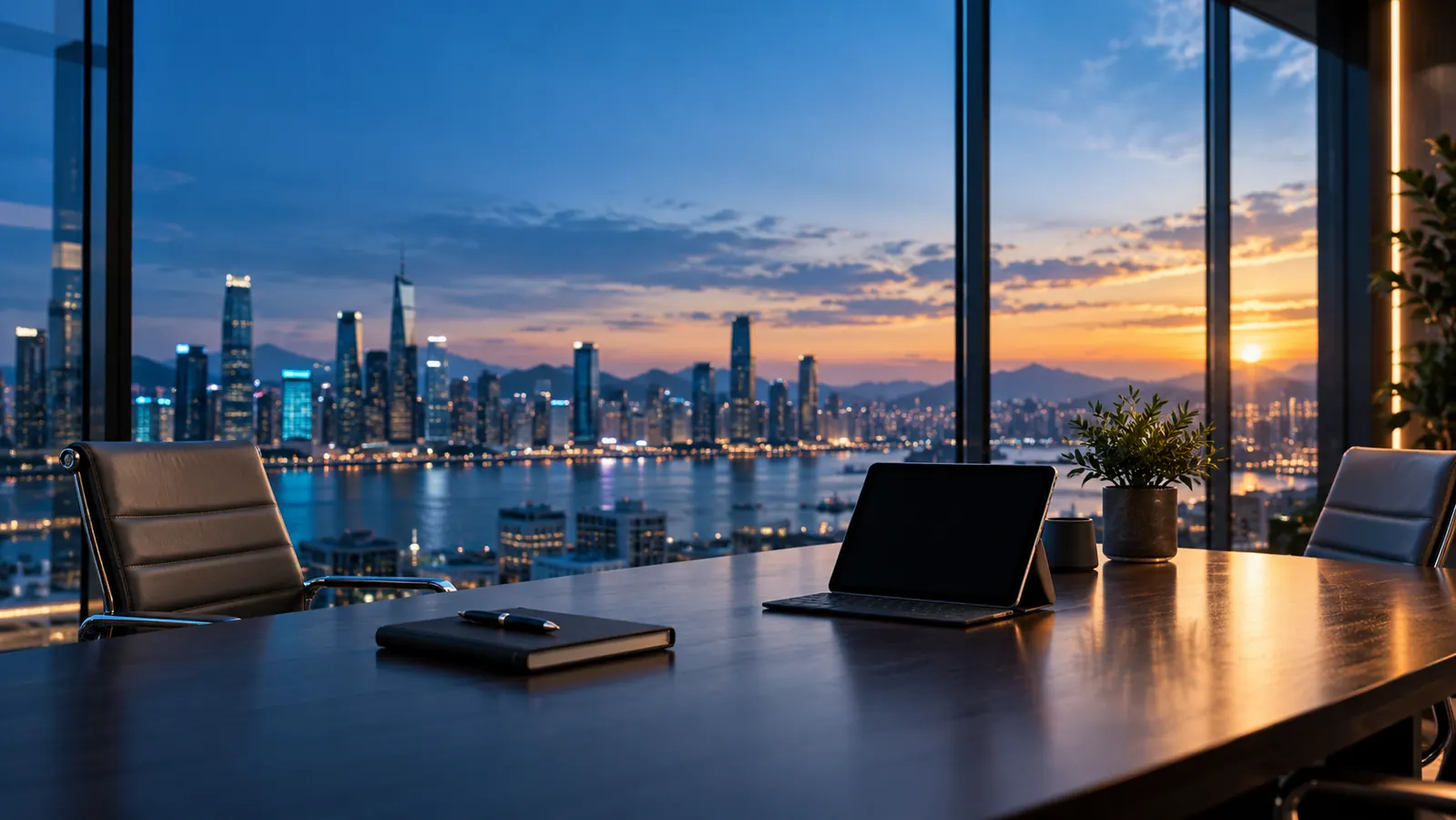 Modern consultation room with meeting table and international city view