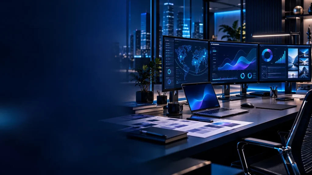 Digital strategy workspace with analytics displays and campaign planning materials