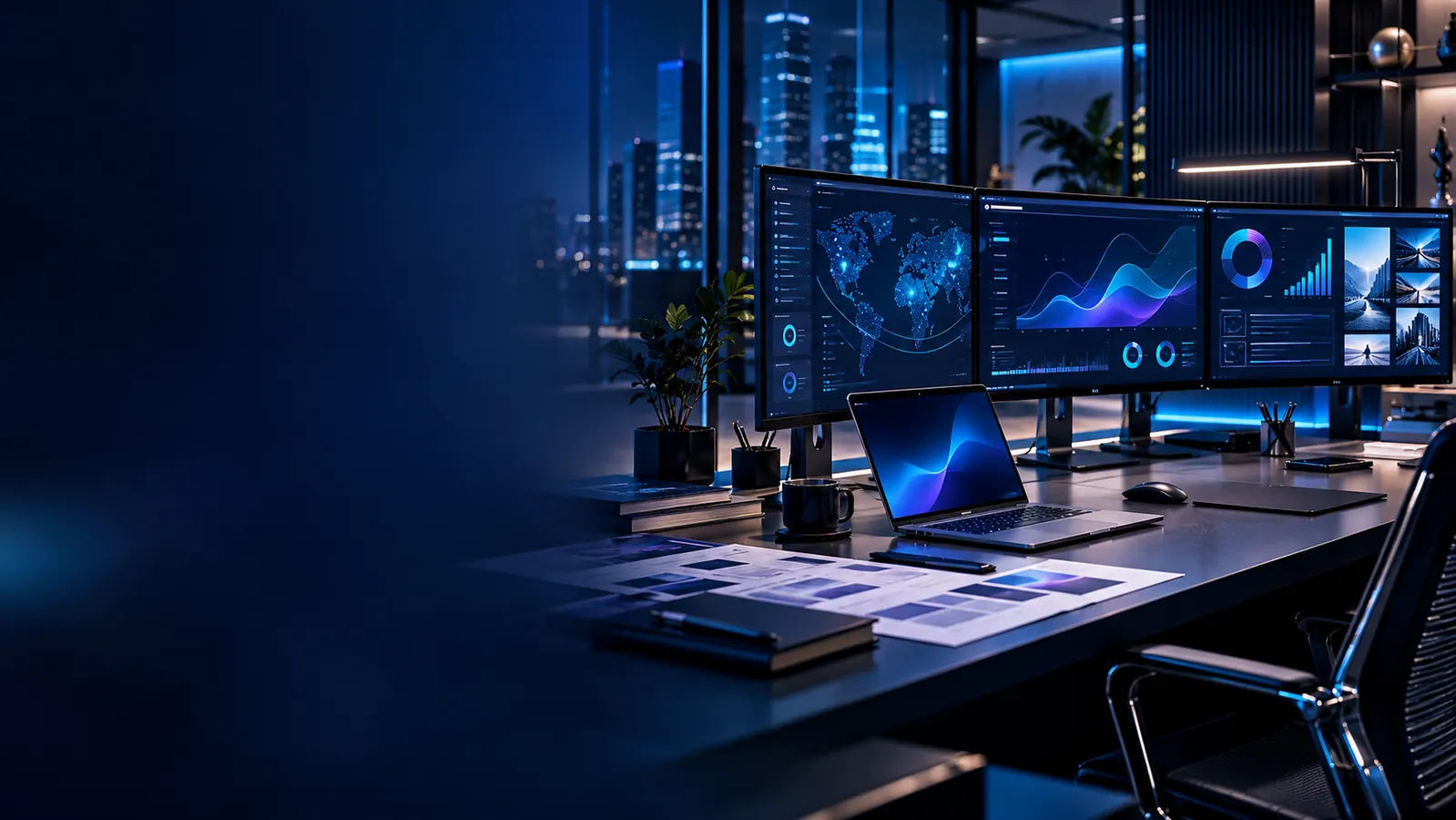 Digital strategy workspace with analytics displays and campaign planning materials