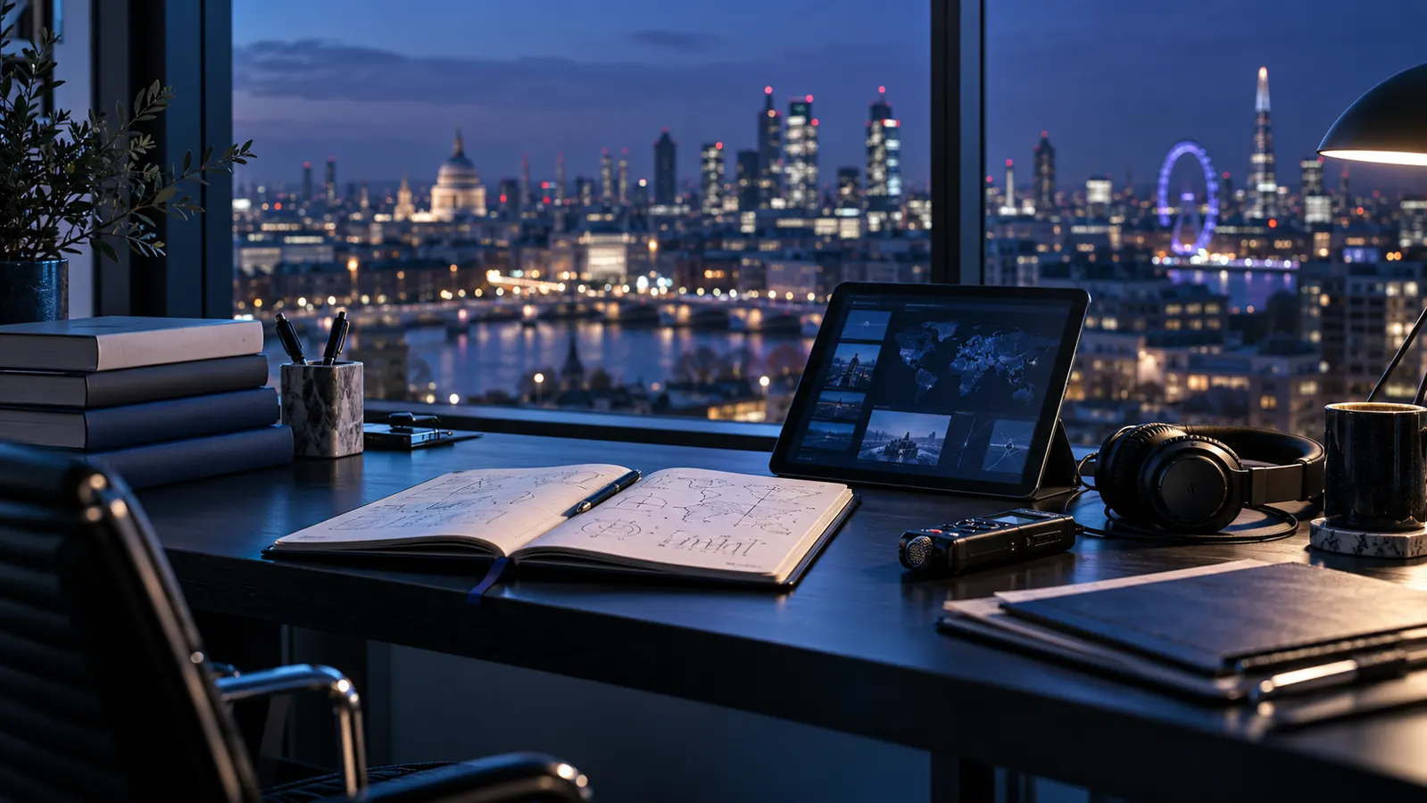 Editorial research desk with notebook, recorder, tablet, and city backdrop
