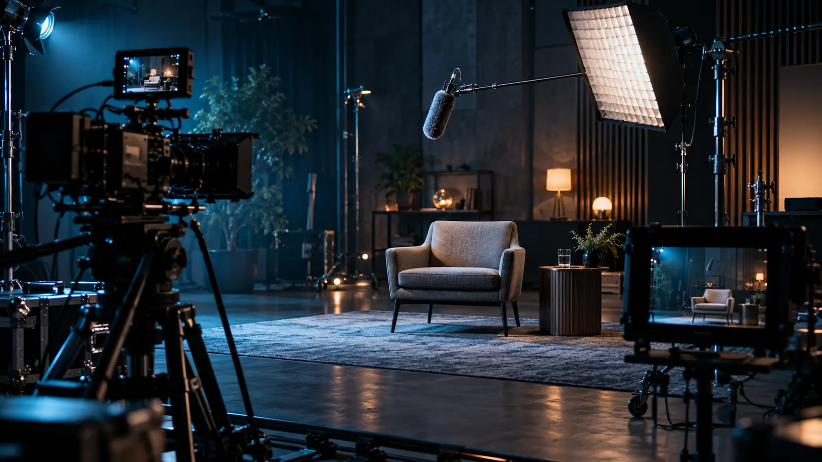 Broadcast-standard interview set with cinema camera, lighting, and production monitors