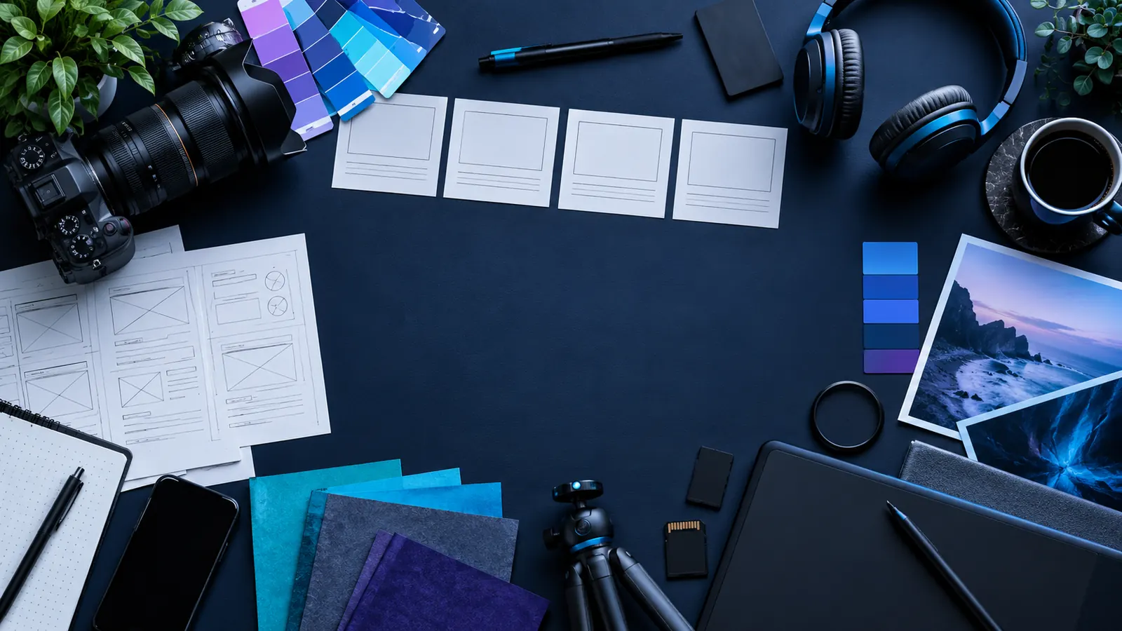 Top-down production planning table with storyboard cards, camera, and design materials