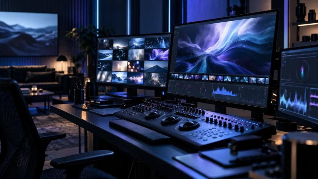 Professional color-grading suite reviewing abstract visual material